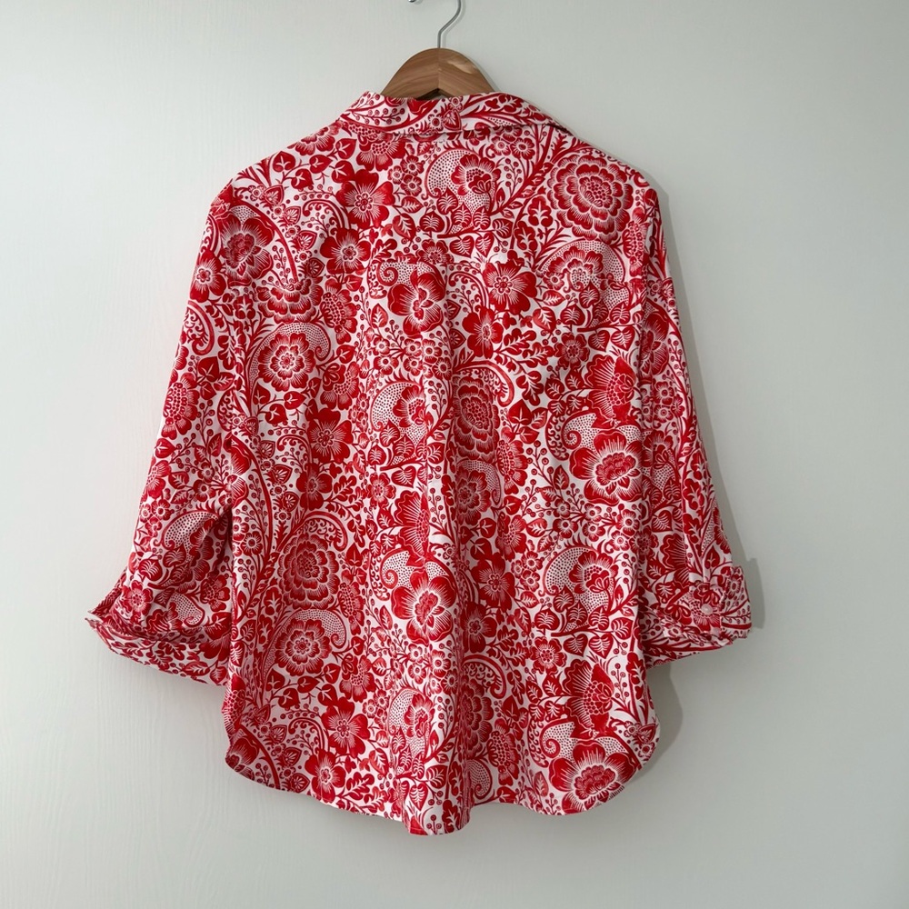 Chico's Red & White Floral Print Button-Down Shirt - Picture 2 of 6